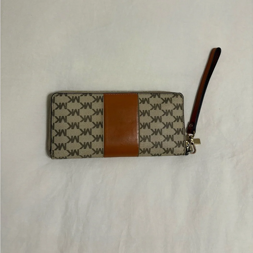 Michael Kors Brown and Tan with Leather Accent Monogram Wristlet Wallet - Picture 2 of 6